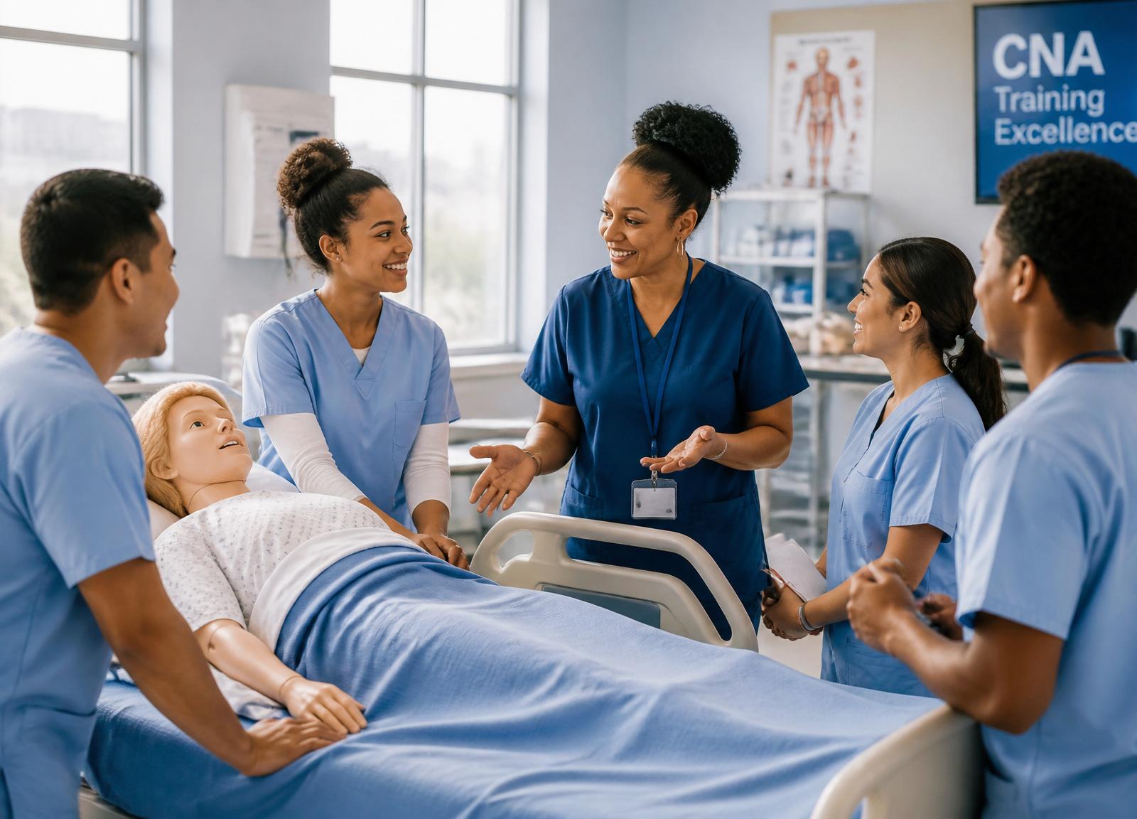 Diverse healthcare students training with an instructor at MCHS in Brockton, MA